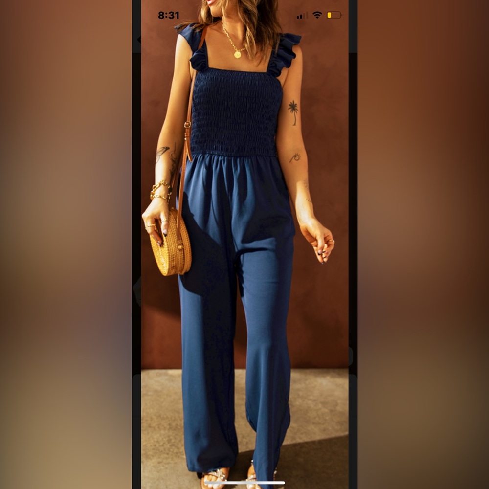 Blue Flutter Sleeve Smocked Wide Leg Jumpsuit with Pockets